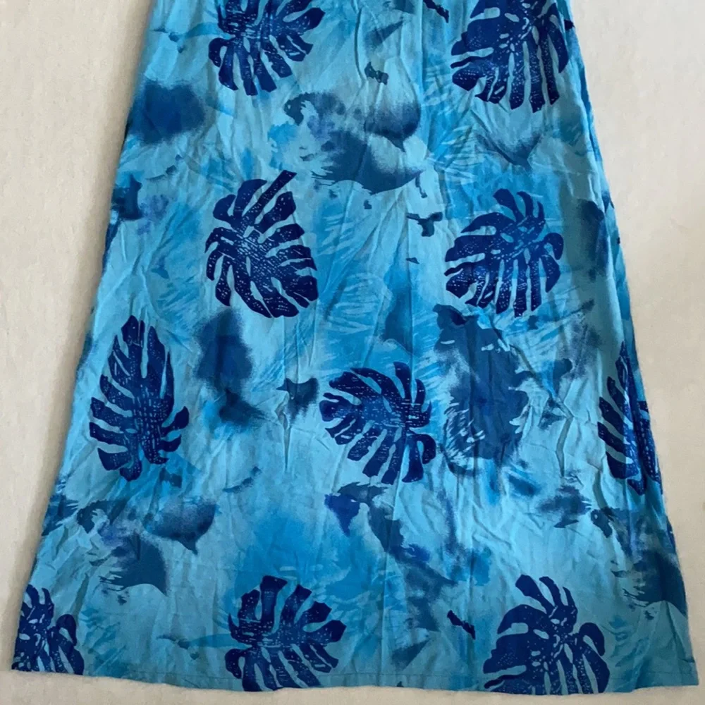 {VTG} Desert Shores | Tropical Palm Tree Leaf Print Short Sleeve Midi Dress Blue - Picture 7 of 15